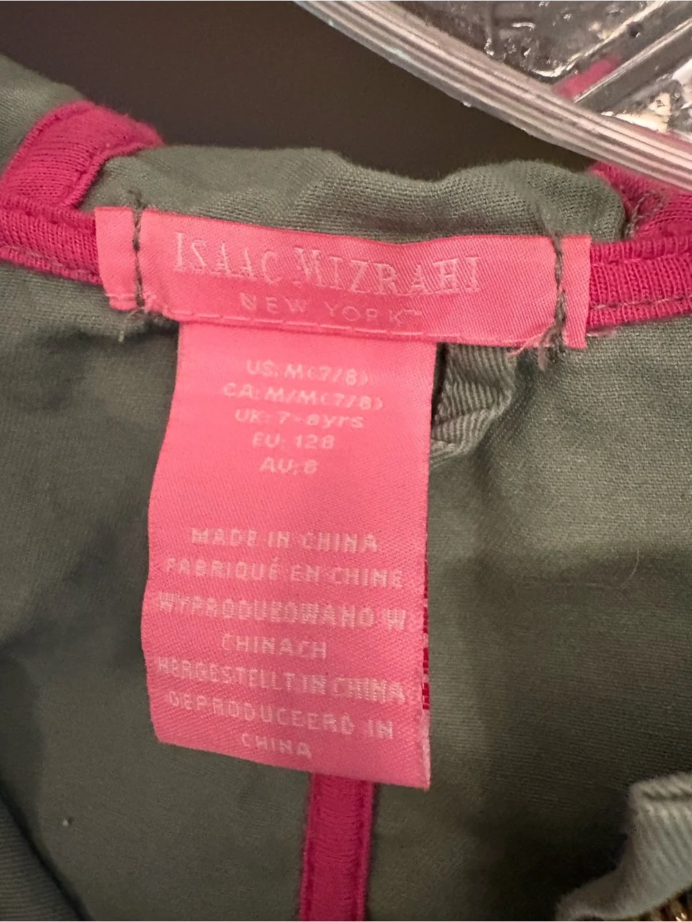 Isaac Mizrahi Girls Olive Utility Jacket Hooded Anorak Pink Trim Size 7/8